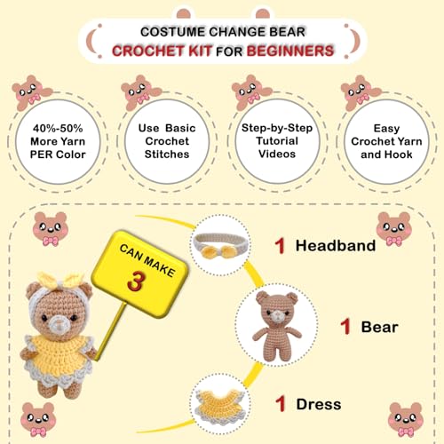 LoopMap Amigurumi Crochet Kit for Beginners with Removable Dress & Video Tutorials, DIY Bear Making Kit Includes Premium Yarn & Tools, Creative Gift for Adults Teens (Yellow) - color: yellow, style: Bear K01