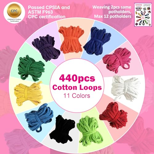 OYACH 7inch Cotton Potholder Weaving Loom Refill Loops, 440 Potholder Loops | 11 Colors Rainbow Cotton Pot Holder Loops Bands Pack, With Rings Hook for DIY Crafts, Makes 12 Potholders, Loom not Included - color: 7” Cotton Loop