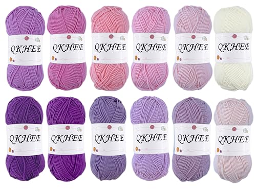 QKHEEYarn for Crocheting and Knitting 12 * 1.76 Oz (50G) /195yd,Fine/Fingering Weight (1), 60% Cotton 40% Acrylic Soft Yarn kit for Making Granny Squares and amigurumi(Elegant) - color: Elegant