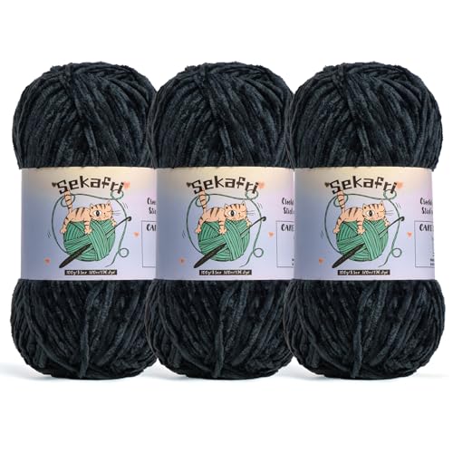 3 Pack of 300g (590yds) Fuzzy Chenille Yarn for Crocheting,Fluffy Amigurumi Crochet Yarn for DIY Craft/Hat/Clothes, Soft Velvet Baby Blanket Yarns（3 Black） - color: 3 Black
