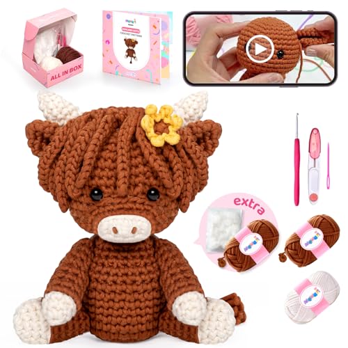Mewaii Highland Cattle Crochet Kit for Beginners, 40% Extra Yarn | Video Tutorial, Pre-Started Piece, Gift Box, Level 1 Starter Kit, Family Craft for Adults, Kids & Beginners - color: Brown