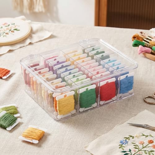 Embroidery Floss Organizer, 8 Compartments Acrylic Clear Thread Storage Box with Floss Winder, Includes 100 Plastic Bobbins for Cross Stitch Needlepoint Craft