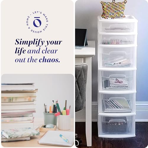 HOMZ Drawer Tower, 6-Tier Storage Cart with Removable Wheels, White Frame | Plastic Organizer with Clear Bin Drawers for Bedroom, Bathroom, Home Office, and Dorm Rooms
