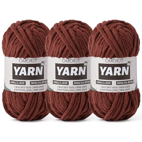 3 Pack Coffee Fluffy Chunky Chenille Crochet Yarn, Baby Yarn for Crocheting Soft Blanket, Bulky Velvet Yarn (100g/54.8yds Each), Plush Amigurumi Yarn for Knitting Crafts, Scarves, Puzzle - color: 3 Coffee