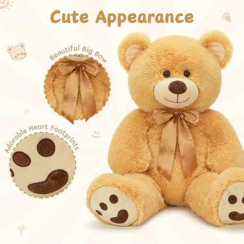 MorisMos 36 inch Big Teddy Bear Stuffed Animal, 3ft Large Bear Plush, Big Stuffed Bear with Footprints Gifts for Kids, Girls, Girlfriends, Women Easter, Birthday, Baby Shower, Christmas, Valentines - color: Light Brown, size: 3 ft