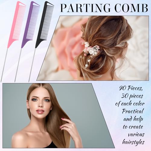Uiifan 90 Pcs Hair Rat Tail Combs Metal Long Steel Pin Parting Comb Carbon Fiber Teasing Detangling Fine Tooth Comb for Braids Women Men Salon Hair Stylist, Black, Purple and Pink