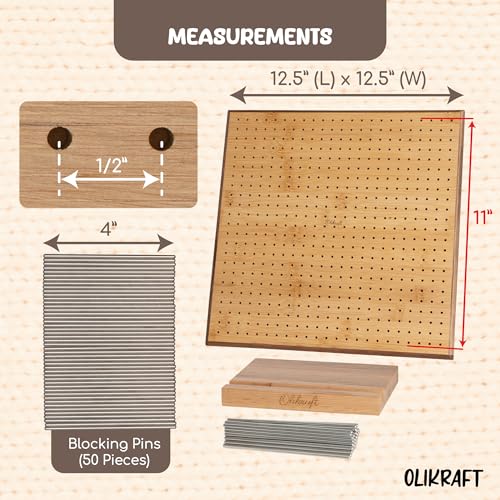Olikraft Granny Square Blocking Board (12.5 Inch, 50 Pins) | Durable wood build, evenly spaced 0.5 inch holes for perfect tension, secure hold from rust-resistant stainless steel - size: 12.5 inches, style: Premium - 50 pins