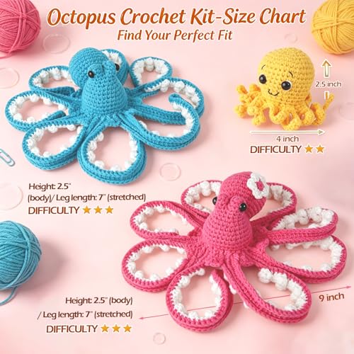 MAGIMUSE Crochet Kit for Beginners, Octopus Family Amigurumi Craft Kit | Includes Step-by-Step Video Tutorials and 40% More Yarn, Ideal for Beginner Crochet Projects.