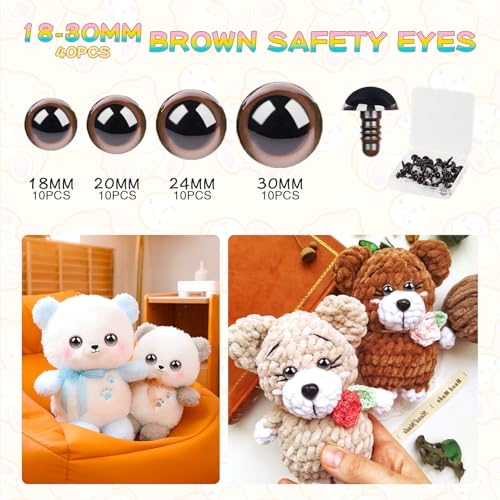 MUCUNNIA 80pcs Safety Eyes for Crocheting with Washers 18-30mm Brown Safety Eyes for Crochet Craft Safety Eyes Gift for Crochet Lovers Christmas Decorations Stuffed Animals Crafting - size: 18-30mm