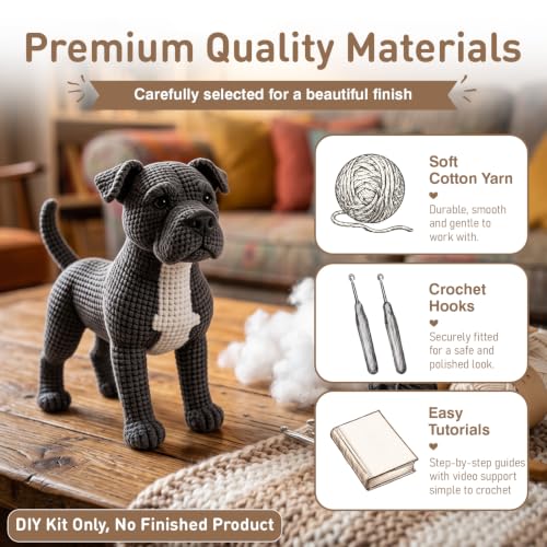 DIY Crochet Pitbull Dog Kit for Beginners – Amigurumi Staffordshire Bull Terrier Stuffed Animal Knitting Kit with Yarn, Hook & Instructions – Easy Beginner Crochet Animal Craft for Adults & Dog Lovers - color: Pitbull Dog