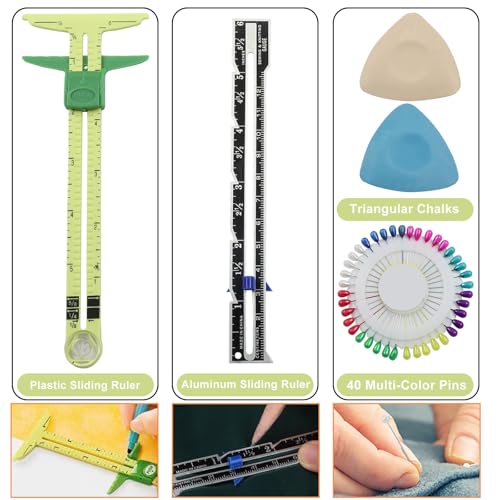 Kyuionty Sewing Gauge Ruler Set, 2 Pcs Tools with Chalk Pins | 1/8-Inch Markings For Accuracy, T-Shape Design For Garment Quilting, Compact For Carry, Plastic And Aluminum Body - color: 5 Pcs Kit