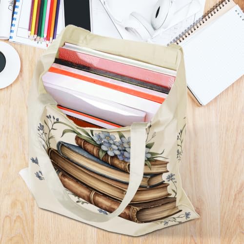 jeilink Cute Aesthetic Canvas Tote Bag Book Lovers Gifts for Women Book Lovers Teacher Reusable for Birthday Christmas - color: Book Floral 1609