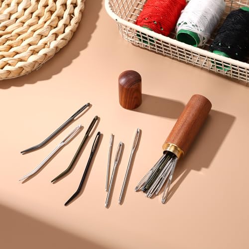 17pcs Large Eye Sewing Needles Kit, Include Curved Tapestry Needle & Straight Blunt Needle Sharp Large-Eye Hand Knitting Needles with Wooden Case for Crochet Projects