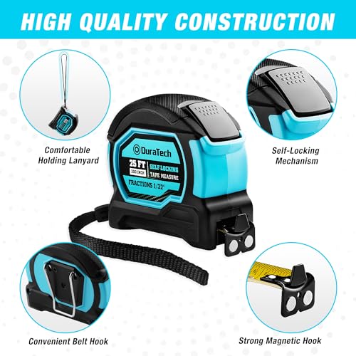 DURATECH 25FT Auto-Lock Magnetic Tape Measure, Easy Read, Double Sided | Measuring Tape with Fractions 1/8″, Measurement Tape with Minimum Scale 1/32″, Magnetic Hook, and Rubber Protective Casing