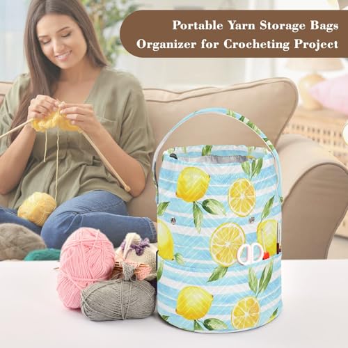 Fustylead Watercolor Lemon on Light Blue Striped Yarn Storage Bag and Knitting Crochet Tote, Large Yarn Drawstring Basket for Crocheting Kit, Project, Sewing Supplies, Needles - color: Blue04 Lemon