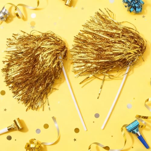 Vinsot 40 Pcs Cheerleading Pom Poms Bulk, Metallic Foil School Spirit Shakers Cheer Pom Poms with Plastic Long Handle for Soccer Basketball Sport Dance Team Squads Fan Celebration - color: Gold