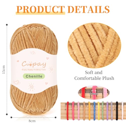 Coopay Thin Chenille Yarn for Crocheting & Knitting, Brown Gradient | Crochet Yarn Set - 600g Total, Velvet Yarn for Colorful Crafts, Blankets, Plush Dolls, Decorative Handmade Works - color: Brown Tones, size: #2 Thin