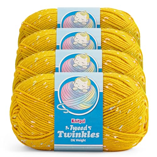 Tweed Twinkles Soft Baby Yarn DK Acrylic 4-Pack (696Yds/400G) Golden Yellow | Acrylic Baby Blanket Knitting Yarn with Free Patterns - Size 3 DK Light Worsted Weight Yarn for Crocheting with Flecks - color: Golden Yellow, size: Pack of 4