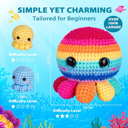 Crochetta Crochet Kit for Beginners, Crochet Kit Step-by-Step Video Tutorials, Crochet Starter Kit Learn to Crochet Kits for Adults Kids Beginners, Jumbo 3 Colorful Octopus Familly (40%+ Yarn Content) - color: Octopus Family