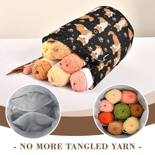Fustylead Cute Cartoon Shiba Inu and Paw Prints Large Crochet Organizer, Durable Polyester Drawstring Basket Yarn Storage Bag for Crochet Hooks, Knitting Needles, Project and Sewing Supplies - color: Black01 Shiba Inu