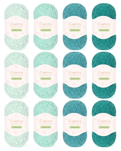 Coopay Skinny Chenille Yarn for Crocheting & Knitting, Green Gradient | Crochet Yarn Set - 600g Total, Velvet Yarn for Colorful Crafts, Blankets, Plush Dolls, Decorative Handmade Works - color: Green Tones, size: #2 Thin