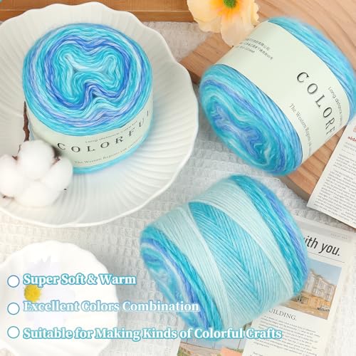 Aeelike Cake Yarn for Crocheting, Soft Ombre Crochet Yarn, Blue Green | 3 PCS #3 Light weight 100g(3.52oz) 245m( 267yards), 60% Cotton Blend Gradient Yarn for Blanket Scarves DIY Crafts, Ideal Gift - color: Blue Green Gradient, size: 3 pcs