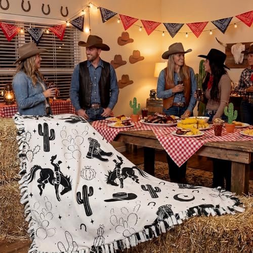 Chumia 2 Pcs/1 Set Western Theme Party Tie Blankets Craft Kit 57 x 57 Inch Midnight Rodeo DIY No Sew Fleece Blanket No Sew Fabric Cowboy Cowgirl Tie Knot Throw Craft Gift for Adult Western Party Favor - style: Western Cowboy