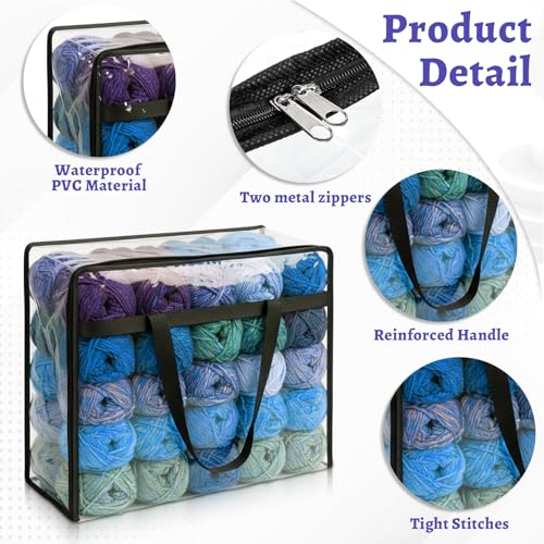 KongTiva 4 Pack 18" x 15" x 9" Large Yarn Storage Bags Set with Crochet Bag | Clear Yarn Storage Organizer with Zippers and Handles, Crochet Bag Knitting Bag for Knitting Needles Crochet Hooks