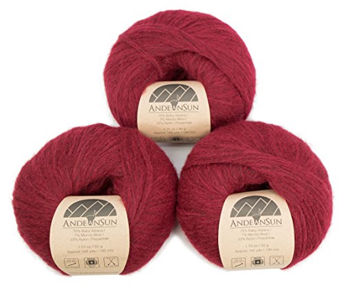 (Set of 3) Baby Alpaca Merino Wool Yarn [426 Yards Total] Burgundy, #4 Worsted - color: Burgundy