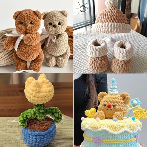 3 Pack of 300g (590yds) Fuzzy Chenille Yarn for Crocheting,Fluffy Amigurumi Crochet Yarn for DIY Craft/Hat/Clothes, Soft Velvet Baby Blanket Yarns（3 Khaki） - color: 3 Khaki