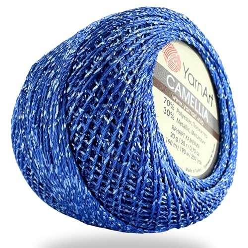 Yarnart Camellia Metallic Shimmer Fine Yarn - 70% Polyester, 30% Metallic, 192m, 20g, Crochet Thread, Lace, Embroidery, Jewelry Making, and Decorative Craft Yarn, 1.25mm Hook (Royal Blue, 20g Skein) - color: Royal Blue, size: 20g Skein