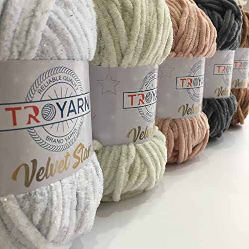 Troyarn Velvet Star, Silvery Glitter Chenille Baby Blanket Yarn Amigurumi Yarn for Crocheting and Knitting Super Bulky 100 gr (120 yds) Length: 110 m (10442 - Shell, 1 Skein) - color: 10442 - Shell, size: 1 Skein