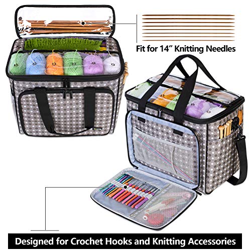 Teamoy Knitting Bag, Yarn Storage Organizer Crochet Bag Tote, Gray Dots | Yarn Holder with Inner Divider(Sewn to Bottom) for Crochet Hook, Knitting Needles(Up to 14"), Project and Crocheting Supplies - color: Gray Dots