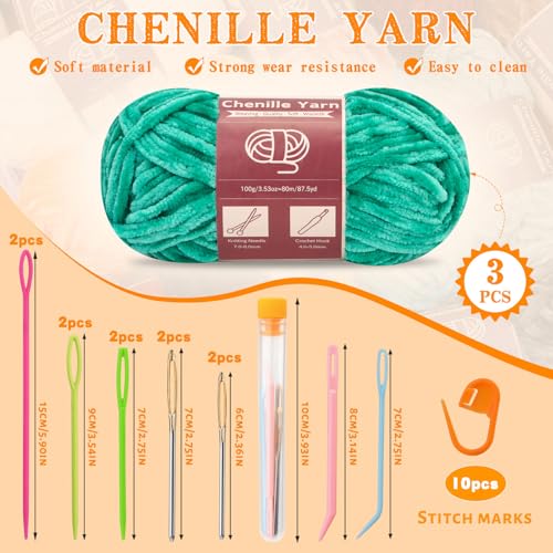 LUNARM Chenille Yarn 3 Pack 3.5oz Chunky Blanket Velvet Yarn 263 Yard | Jade Green Chunky Chenille Yarn for Beginners Crocheting Hand Knitting Scarves with Big Eye Needles Machine Washable - color: Jade Green