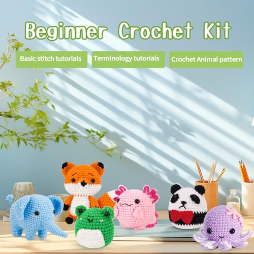Gerute Crochet Kit for Beginners, 6 PCS Amigurumi Animal Family Starter Kit with Step-by-Step Video Tutorials & Illustrated Guide, 40% Extra Yarn, DIY Family Craft Gifts for Adults & Kids - color: 6pcs-fox