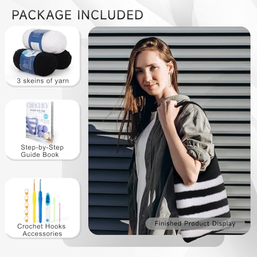 Katech Crochet Kit for Beginners w/Striped Tote Bag 3-1 Crochet Book Black | Crochet Starter Kits for Adults Includes Yarn Crochets Hooks Accessories Knitting Kit Crafts for Adults Holiday Gift - color: Black White