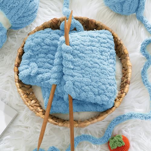 HOMBYS Sky Blue Chunky Chenille Yarn for Hand Knitting,Fluffy Soft Jumbo Yarn Crocheting,Super Bulky Big Yarn for Chunky Blanket,Large Thick Arm Knitting Yarn,8 Pack Plush Yarn - color: Sky Blue