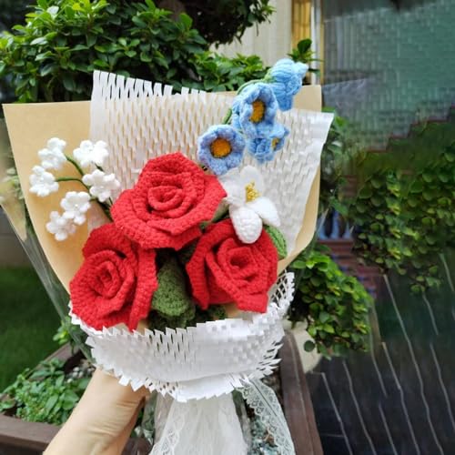 Marvogo Handmade Crochet Flower Bouquet,Crochet Flowers for Loved Ones | Crochet Flower,Crochet Rose, Bell Orchid, Tulip, Finished Artificial Flower Ideal for Lovers, Family and Friends red - color: Red