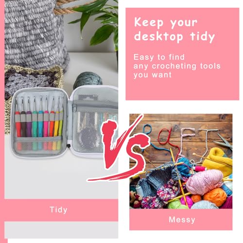 Katech Crochet Hooks Case Empty Zipper Bags Portable Travel Crochet Storage Bag Organizer with Web Pocket and Crochet Holder Slots for Carrying Various Crochets Needles (Pink) | Travel Crochet Storage Bag Organizer with Web Pocket and Crochet Holders Slot