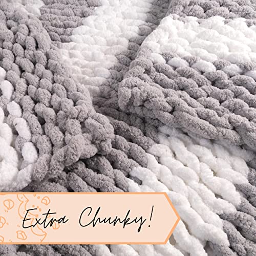 Chunky Knit Blanket Throw | 100% Hand Knit with Jumbo Chenille Yarn (50"x60", Gray and White Stripes) - color: Gray and White Stripes, size: 50"x60"