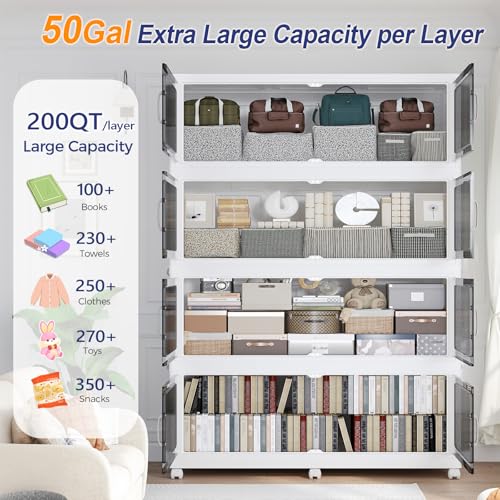 250Gal Extra Large Stackable Storage Bins with Lid, 1000QT Foldable Collapsible Storage Box with Doors & Wheels, Plastic Organizer for Bedroom Kitchen Garage Dorm, 5Pack - size: 50Gal-5Pack