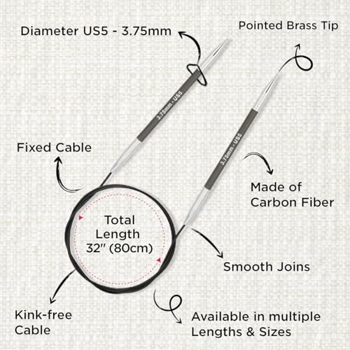 KnitPro Karbonz Fixed Circular Needle 32"(80cm) | US Size 5 (3.75mm) - size: US 5 (3.75mm)