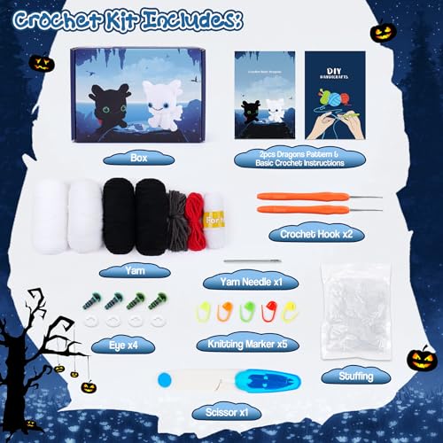 2PCS Dragons Crochet Kit for Beginners Crochet Starter Kit for Adults | Black and White Dragon Crochet Animal Kit with Step-by-Step Video Tutorials, Beginner Crocheting Kits for Birthday - color: Black White Dragon