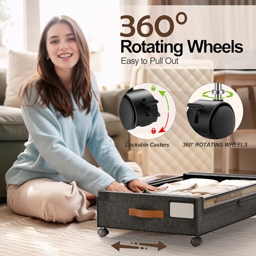 LAMU Under Bed Storage Containers with Wheels, 2 Pack, Hemp Grey | Smooth-rolling Wheels, Clear Lid & Label, Sturdy Metal Frame, Easy Install, Rolling Storage Drawers for Clothes, Shoes, Toys - color: Hemp Gray, size: 2 Pack