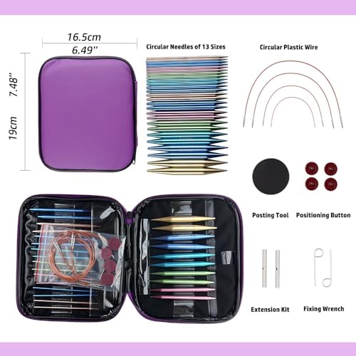 Yarniss 13 Pairs Circular Knitting Needle Set with Cable 3.0~10.0mm | Aluminum Interchangeable Knitting Needles with Case,Round Knitting Needle for Beginner - color: Purple
