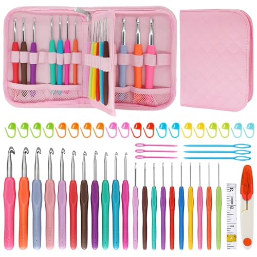 Blingcute 50 Pcs Ergonomic Crochet Hook Set 0.6-8 mm with Pink Case | Pain-Free Hooks for Arthritis Hands, Portable Aluminum Needles Set, Best Gift for Beginners & Lace Projects - color: Pink