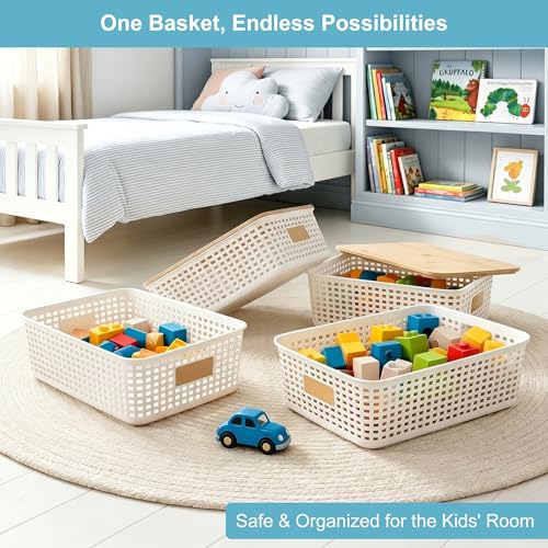 Bagnizer 4 Pack Plastic Storage Bins with Bamboo Lids, 6.2qt Stackable Storage Organizer Box with Lable for Pantry Shelves Drawers Desktop Office, 12"L x 8.3"W x 3.5"H, Cream White - color: Cream White, size: Shallow- 4 Pack