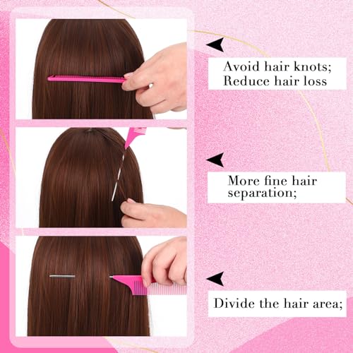 Patelai 30 Pcs Rat Tail Steel Combs Fine Tooth Bulk,Rose Red | Long Steel Pin Pintail Bulk for Salon Hair Stylists ,Hair Teasing Fine Tooth Comb for Women,Teasing Detangling Tools - color: Rose Red