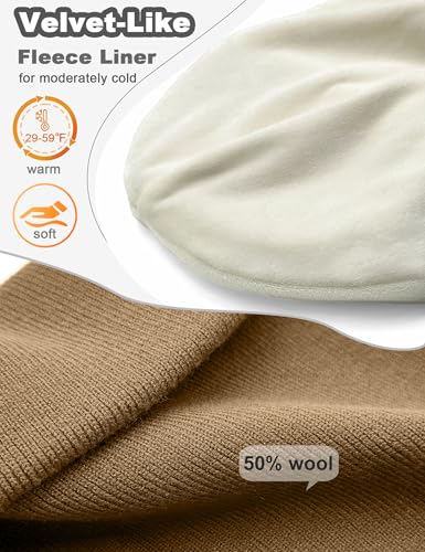 Fleece Lined Wool Beanie Hat Men Women, Warm Cuffed Winter Cap | 50% Wool Thermal Knit, Soft Velvet Fleece Liner, Long Style Full Ear Cover Warm Watch Cap, Tall Roomy Crown Skull Cap - color: Coffee