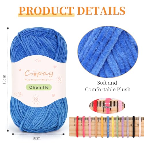 Coopay Skinny Chenille Yarn for Crocheting & Knitting, Blue Gradient | Crochet Yarn Set - 600g Total, Velvet Yarn for Colorful Crafts, Blankets, Plush Dolls, Decorative Handmade Works - color: Blue Tones, size: #2 Thin